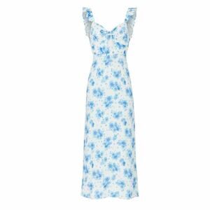 Rixo Cecile Blue Victoria Floral Midi Sun Dress Size US 10 Large Linen Blend